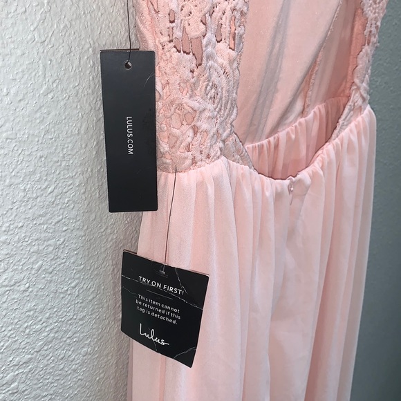 Lulus Greatest Lace Maxi Dress light pink lace bodice open back chiffon Skirt XS - Picture 9 of 17